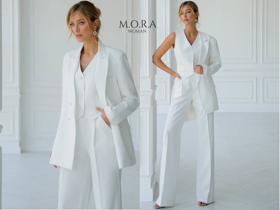 White Suits for Women, Wedding Suit, Women Suit with Vest, Wide leg Pant Suit, White Pant Suit, White Women Suit, Straight  Pant Suit, Suit