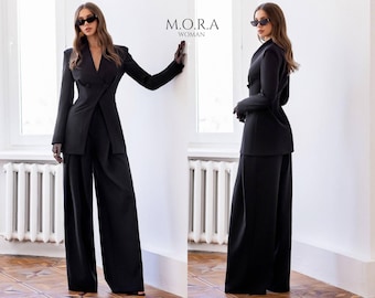 Black Pantsuit Set Women, Wide Leg Pants Suit, Office Suit Women, Business Outfit, Formal Suit, Minimalist Suit