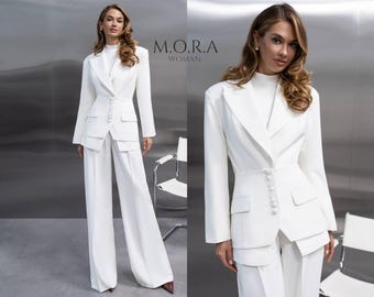 Milky Ivory Bridal Pantsuit Set, Peplum Blazer and Wide Leg Pants, Civil Wedding Suit, Elegant Bride Outfit