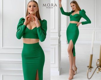 Green Skirt Suit, Pencil Skirt Suit, Skirt Set for Women, Crop Top with Long Sleeves, Midi Pencil Skirt, Side Slit Skirt, Wedding Guest Set