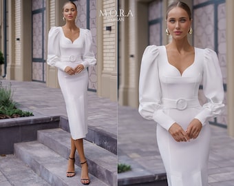 Silhouette Dress With Belt, Midi Dress With Belt, Fitted Midi Dress With Belt White, Midi Pencil Dress, White Pencil Dress, Long Sleeve Dres