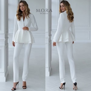 White Wedding Pantsuit, White Peplum Suit for Women, White Bridal Pantsuit, White Peplum Suit, Pantsuit for Civil or Courthouse Wedding