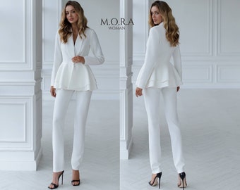 White Wedding Pantsuit, White Peplum Suit for Women, White Bridal Pantsuit, White Peplum Suit, Pantsuit for Civil or Courthouse Wedding