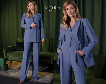 Gray Suits for Women, Business Suit, Women Suit with Vest, Wide leg Pant Suit, Gray Pants Suit for Women, Blazer and Wide Leg Trousers, Suit
