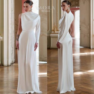 White One-Shoulder Satin Gown, Floor-Length Civil Wedding Dress with High Slit and Open Back, Elegant Modern Bridal Look