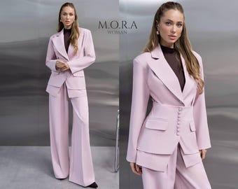 Powder Pink Peplum Pantsuit Set, Wide Leg Pants and Fitted Blazer, Elegant Feminine Suit, Soft Occasion Outfit