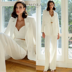Traje de pantalón de recepción blanco / Elegante traje de novia de 3 piezas con top corto para mujer / Moderno atuendo de boda para después de la fiesta o ceremonia
