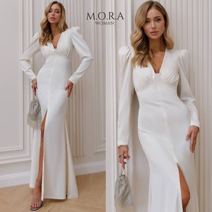 White Dress, White Maxi Dress, Formal Dress, Wedding Dresses for Civil Ceremony Dress, Civil Wedding Dress, Satin Dress, Bridesmaid Dress