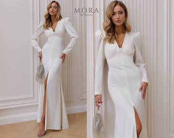 White Dress, White Maxi Dress, Formal Dress, Wedding Dresses for Civil Ceremony Dress, Civil Wedding Dress, Satin Dress, Bridesmaid Dress