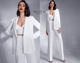 White Women's Birthday Pantsuit | Elegant 3-Piece Trouser Set with Crop Top  | Chic All-White Outfit for Birthday Celebration or Party