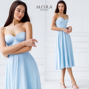 Puff Skirt Dress, Blue Midi Formal Dress, Satin Dress, Circle Skirt Dress, Corseted Dress, Midi Puff Skirt Dress, Wedding Dress