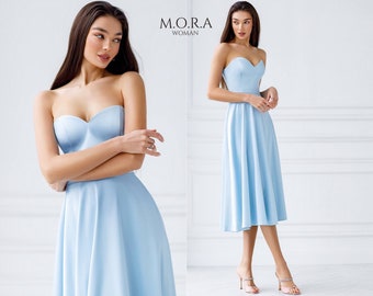 Puff Skirt Dress, Blue Midi Formal Dress, Satin Dress, Circle Skirt Dress, Corseted Dress, Midi Puff Skirt Dress, Wedding Dress