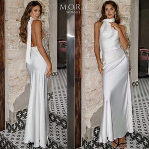 White Summer Wedding Dress, Floor-Length Minimalist Gown, Elegant Civil Ceremony Look, Simple Maxi Dress for Modern Bride