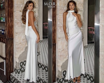 White Summer Wedding Dress, Floor-Length Minimalist Gown, Elegant Civil Ceremony Look, Simple Maxi Dress for Modern Bride