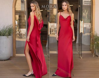 Red Satin Slip Dress Long Cowl Neck Maxi Gown Elegant Holiday Christmas Party or New Year Outfit Formal Satin Dress for Women