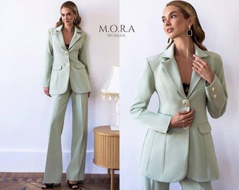 Mother of Bride Pantsuit, Olive Green Formal Suit Women, Elegant Wide Leg Pantsuit, Chic Occasion Outfit