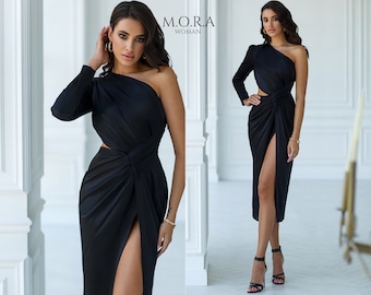 Black Satin One Shoulder Midi Dress, High Slit Cocktail Dress, Elegant Outfit for Wedding Guest, Evening or Birthday Look