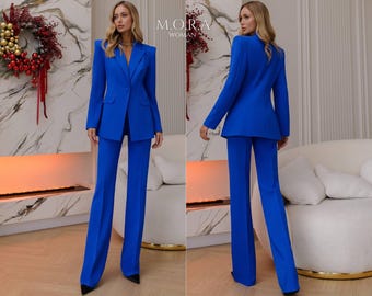 Electric Blue Womens Pantsuit Longline Blazer & Straight High Waist Trousers Elegant Formal Suit for Birthday Party Gala Anniversary Evening