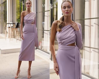 One Shoulder Midi Dress, One Sleeve Dress, Pink Ruched Bodycon Midi Dress, Pencil Midi Dress, Satin Midi Dress, Satin Pencil Dress, Dress