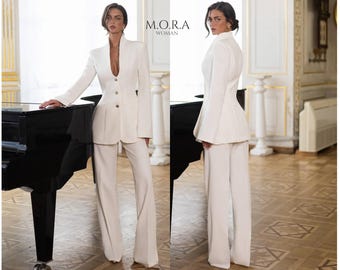 White Bridal Pantsuit Women, Civil Wedding Suit Set, Elegant White Tuxedo Suit, Courthouse Wedding Outfit, Reception Dinner Suit Bride