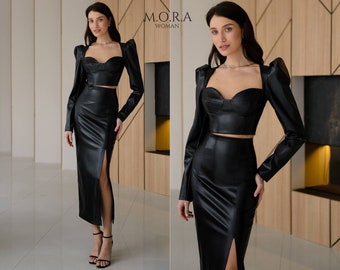 Faux-leather Pencil Skirt And Faux Leather Long Sleeve Tops, Womens Sexy Faux Leather, Bodycon, Black Eco Leather Midi Skirt, Faux Skirt