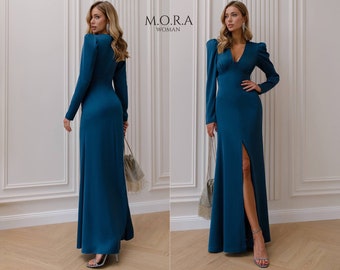 Sea Wave Formal Dress, Sea Wave Maxi Dress, Evening Dresses for Special Occasion, Wedding Guest Dress, Satin Dress, Elegant Sea Wave Dress