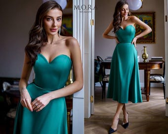 Emerald Corseted Dress, Emerald Puffy Dress, Corset Puffy Dress, Emerald Midi Formal Dress, Satin Dress, Circle Skirt Dress, Midi Skirt Dres