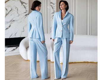 Light Blue Womens Pantsuit, Elegant Tailored Suit, Blue Blazer And Trousers, Formal Womens Suit, Business Outfit, Chic Pants Set