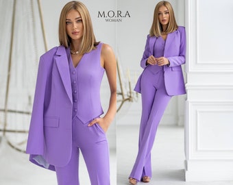 Lilac 3-Piece Pantsuit with Vest | Elegant Women’s Suit for Birthday Celebration, Chic Party Look, Stylish Wide-Leg Trouser Outfit