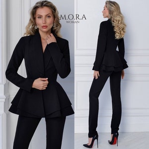 Black Formal Women Suit, Peplum Suit For Women, Peplum Pant Suit, Two Piece Peplum Pant Suit, Women&#39;s Black Pantsuit, Black Suit Women