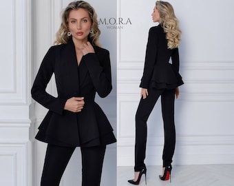 Black Formal Women Suit, Peplum Suit For Women, Peplum Pant Suit, Two Piece Peplum Pant Suit, Women's Black Pantsuit, Black Suit Women