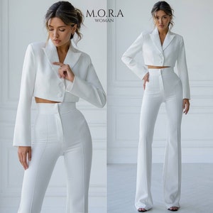 White Suits for Women, Cropped Jacket Suit Pants. Flare Pant Suit, White Trouser Suit For Female Wedding Guests. Women&#39;s White Suit, Suit