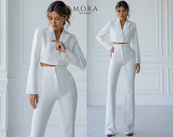 White Suits for Women, Cropped Jacket Suit Pants. Flare Pant Suit, White Trouser Suit For Female Wedding Guests. Women's White Suit, Suit