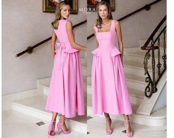 Pink Midi Dress, Romantic Feminine Dress, Pink Date Night Outfit, Soft Statement Occasion Dress