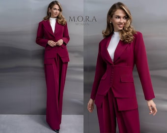 Burgundy Peplum Pantsuit Set, Wide Leg Pants and Fitted Blazer, Elegant Evening Suit, Statement Outfit Women