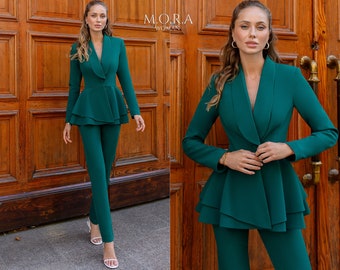 Green Formal Women Suit, Peplum Suit For Women, Peplum Pant Suit, Two Piece Peplum Pant Suit, Women's Green Pantsuit, Green Suit Women