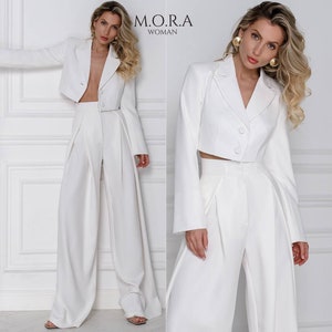 White Women Suit, Cropped Blazer and Palazzo Pants Suit, Palazzo Pants Suit, Womens Formal Pant Suit, Chic Bridal Suit, Blazer and Pants Set