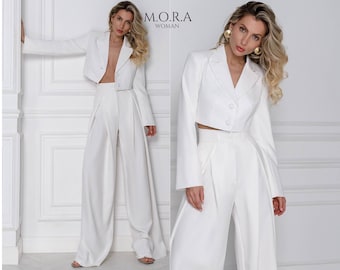 White Women Suit, Cropped Blazer and Palazzo Pants Suit, Palazzo Pants Suit, Womens Formal Pant Suit, Chic Bridal Suit, Blazer and Pants Set