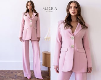 Pink Wedding Guest Suit Women, Elegant Pantsuit Set, Wide Leg Trouser Suit, Feminine Formal Outfit, Celebration Pantsuit