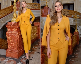 Mustard 3-Piece Pantsuit with Vest, Elegant Business Outfit for Women, Office Workwear and Professional Events