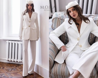 White Bridal Pantsuit Set, Wedding Suit for Bride, Civil Wedding Outfit, Courthouse Wedding Suit, Modern Bride Look