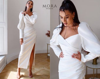 White Midi Pencil Wedding Dress For Courthouse Wedding, Wedding Pencil Dress, Civil Wedding Dress Midi, Casual Wedding Dress, Midi Wedding