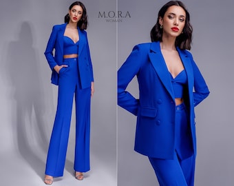 Electric Blue 3-Piece Pantsuit | Formal Suit with Crop Top, Long-line Blazer & Trouser Pants | Elegant Evening Outfit for Events