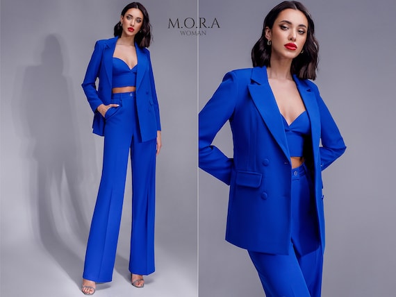 electric blue dress pants 3-piece Pantsuit | Formal Suit With Crop Top, Long-line Blazer & Trouser | Elegant Evening Outfit for Events ways to shop:In Store David & Tamela Mann Bottom Size:42x34 and in a versatile