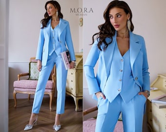 Sky Blue Birthday Pantsuit with Vest, Elegant 3-Piece Outfit for Women’s Celebration, Dinner Party or Special Events