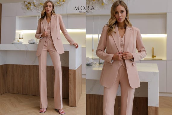 Beige 3-piece Pantsuit With Vest, Relaxed Blazer and Straight Trousers,  Elegant Business and Formal Outfit for Work or Events - Etsy