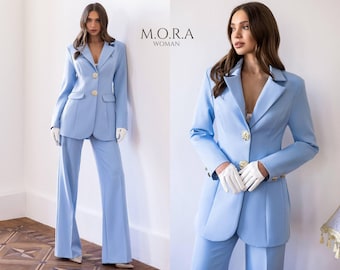 Blue Pantsuit Women Gala Suit, Elegant Formal Pants Set, Wide Leg Trouser Suit, Chic Evening Occasion Outfit