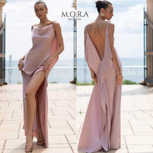 Powder Pink Satin Maxi Dress with Open Back and High Slit | Elegant Formal Summer Gown for Wedding Guest and Special Occasions