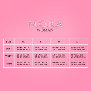 May include: Size chart for clothing with measurements in inches and centimeters. The chart shows sizes XS, S, M, and L with measurements for bust, waist, and hips.
