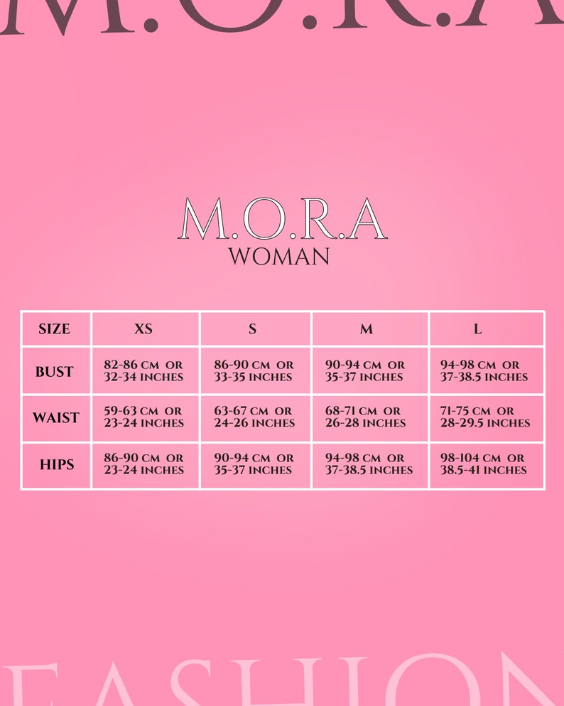 May include: Size chart for clothing with measurements in inches and centimeters. The chart shows sizes XS, S, M, and L with measurements for bust, waist, and hips.